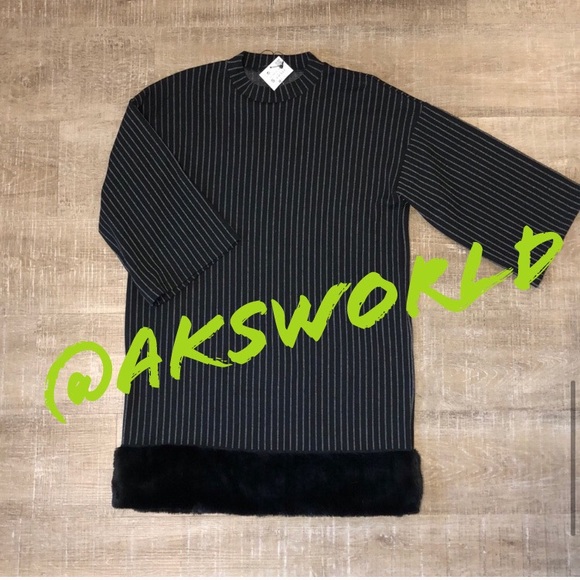 Zara Striped Mini Dress Faux Fur Trim Holiday Sm - Picture 7 of 8